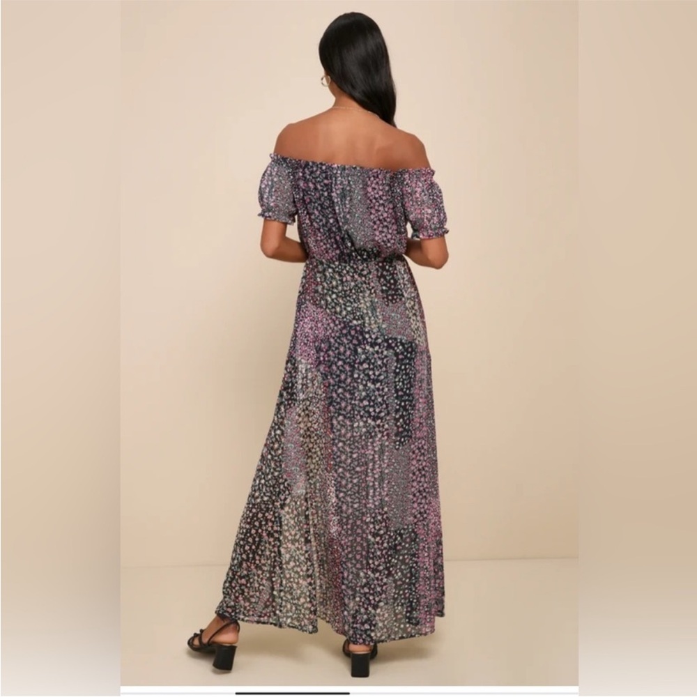 Lulus Blue Floral Off Shoulder Maxi Dress New Large Neva Navy Blue Floral Print - Picture 2 of 15